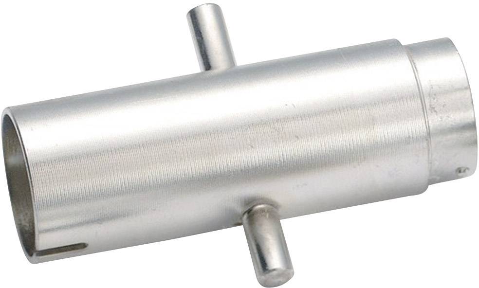 Srebrny element metalowy o kształcie cylindrycznym z dwoma uchwytami bocznymi, prawdopodobnie specjalistyczne narzędzie lub łącznik.