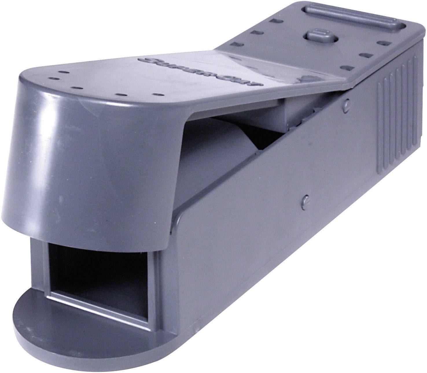 Szara pułapka na myszy o zamkniętej konstrukcji, która oferuje bezpieczny i humanitarny sposób łapania i usuwania gryzoni.