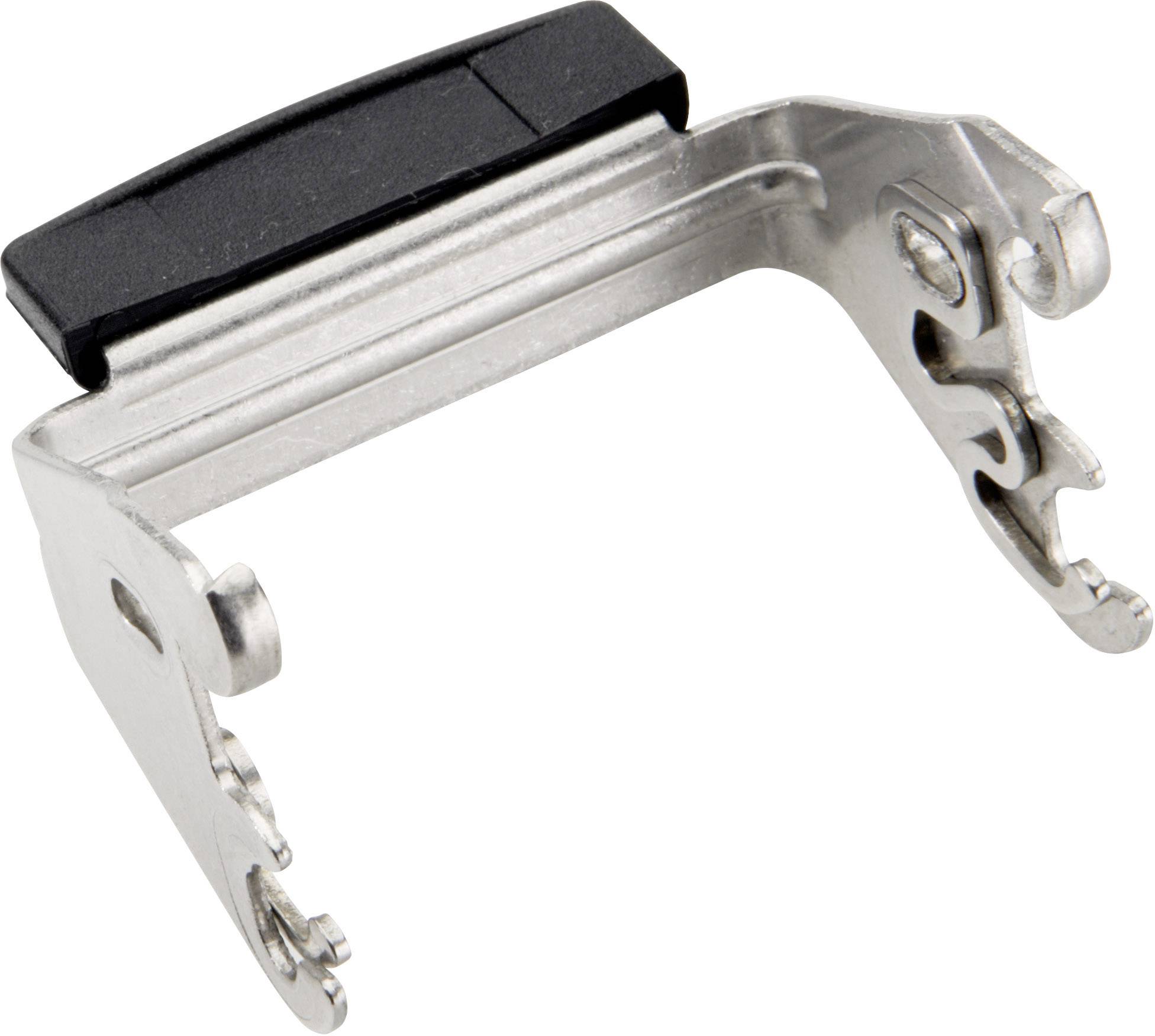 Metalowa spinka z czarną powłoką z tworzywa sztucznego, używana do mocowania komponentów w urządzeniach technicznych.