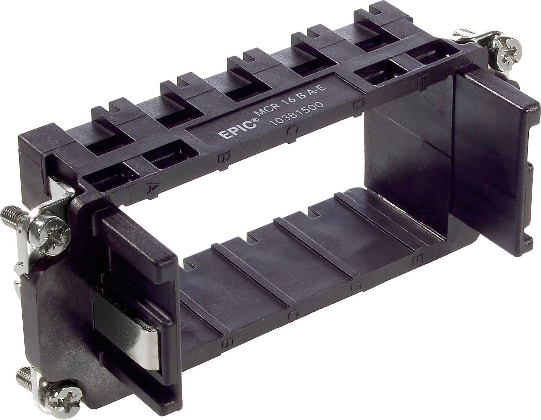 Czarna plastikowa rama z metalowymi zaciskami po bokach. W środku znajduje się prostokątne wycięcie.