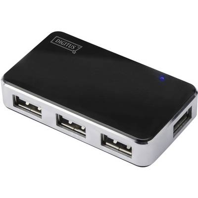 Czarny hub USB z czterema portami i niebieskim wskaźnikiem LED na górnej powierzchni.