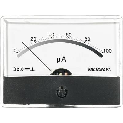 Analogowy amperomierz wskazuje 20 mikroamperów na skali od 0 do 100 µA, nazwa marki 'Voltcraft' w prawym dolnym rogu.