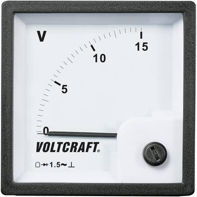 Analogowy woltomierz z skalą od 0 do 15 woltów, marka 'Voltcraft', czarna ramka, wskazówka ustawiona na 0.