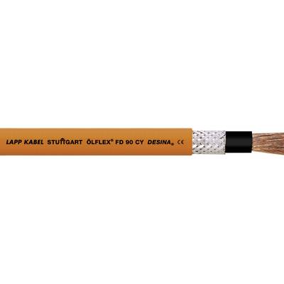 Pomarańczowy kabel z napisem 'LAPP KABEL STUTTGART ÖLFLEX FD 90 CY DESINA', na zewnątrz pokazuje izolację ochronną, a wewnątrz przewody.