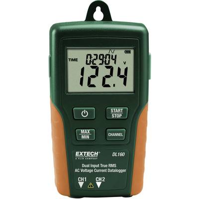 'Extech DL160 Rejestrator danych napięcia i prądu AC True RMS z podwójnym wejściem'. Urządzenie cyfrowe w zielonej obudowie, wyświetlające '122,4 V'.