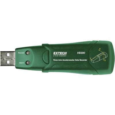 Zielony rejestrator danych USB z napisem 'EXTECH VB300 Trzyosiowy Rejestrator Danych Akcelerometru'. Dwie diody kontrolne: 'Nagrywanie', 'Alarm'.