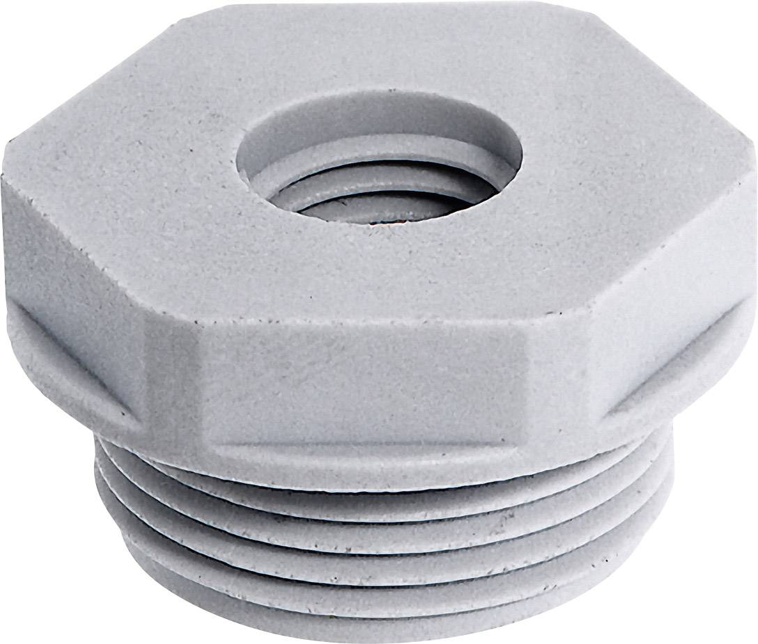 Szara, sześciokątna redukcja z tworzywa sztucznego z gwintem wewnętrznym. Odpowiednia do stosowania w systemach rurowych.