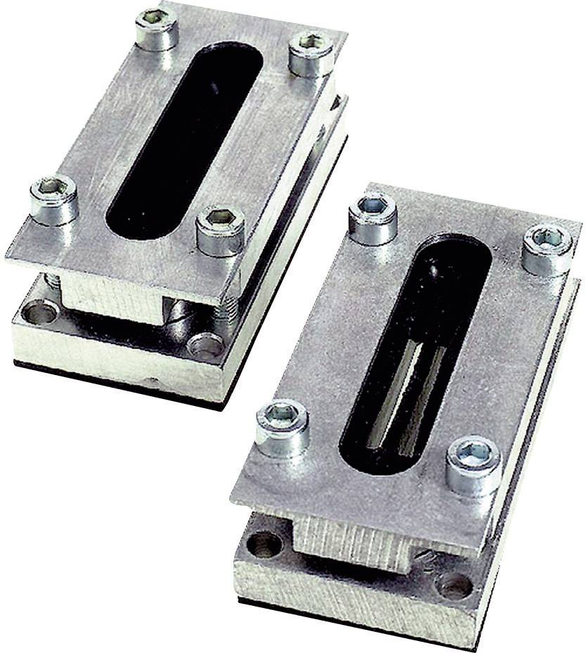 Dwie prostokątne metalowe płyty z owalnymi otworami, połączone śrubami.