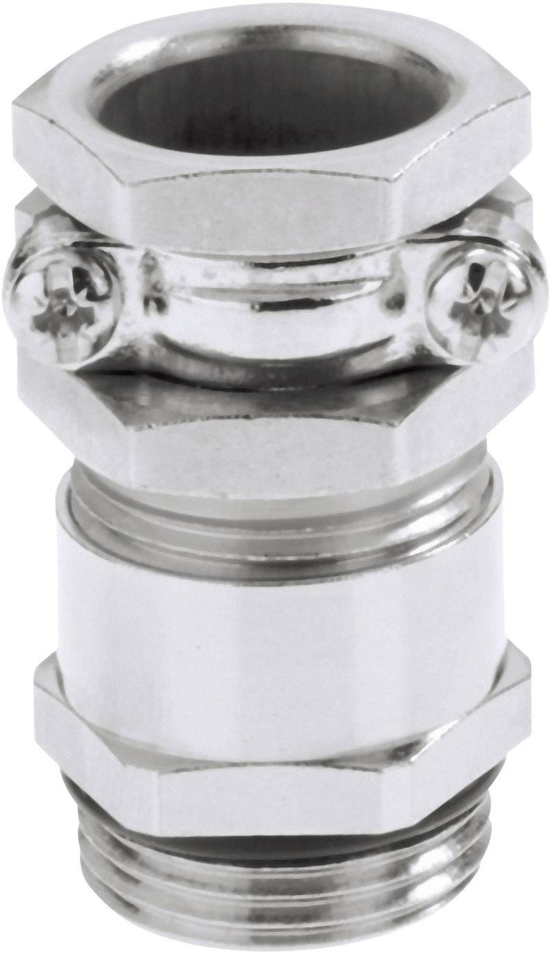 Przemysłowa metalowa dławnica kablowa, o cylindrycznym kształcie, z nakrętkami sześciokątnymi i śrubami mocującymi, odpowiednia do montażu kabli.