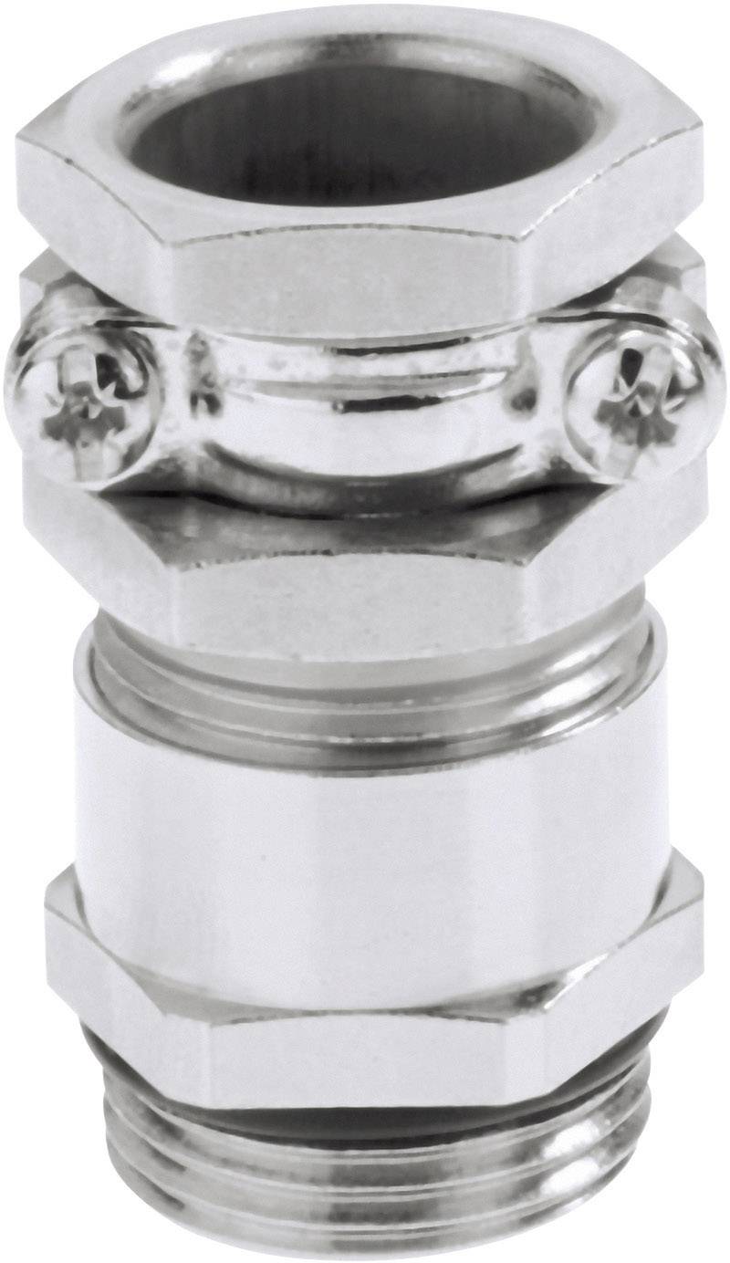 Metalowy łącznik kablowy, cylindryczny, z nakrętkami sześciokątnymi na obu końcach i śrubami z boku, przeznaczony do zastosowań przemysłowych.