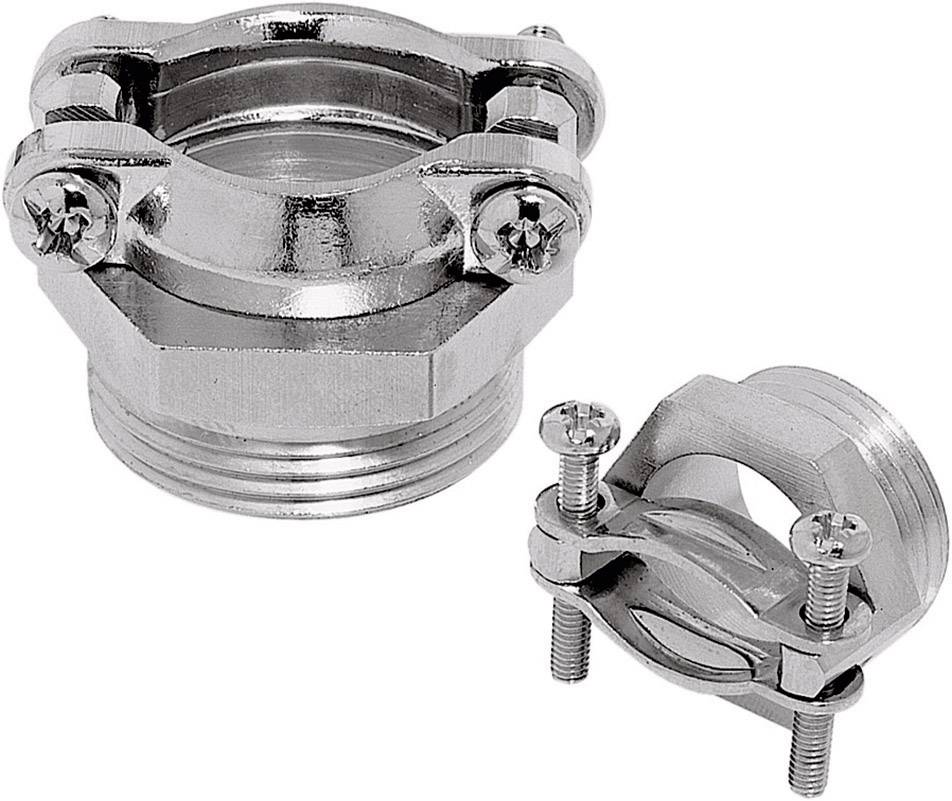 Dwie błyszczące metalowe złączki rurowe z śrubami i nakrętkami. Większe złącze pokazuje gwint i zakres zaciskowy.