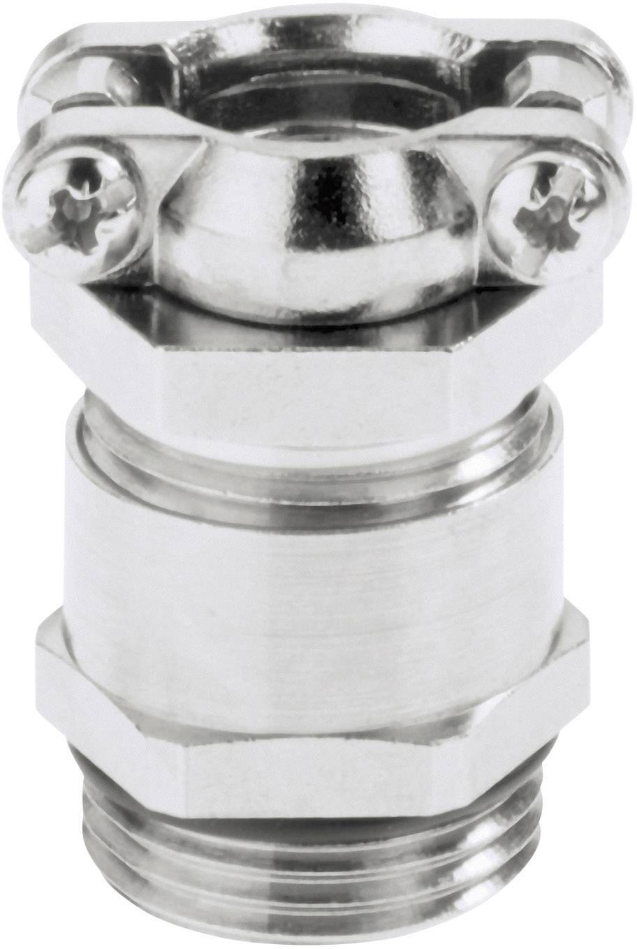 Metalowy adapter złączki kablowej, o cylindrycznym kształcie, z gwintem na górze, o błyszczącej powierzchni. Odpowiedni do instalacji elektrycznych.