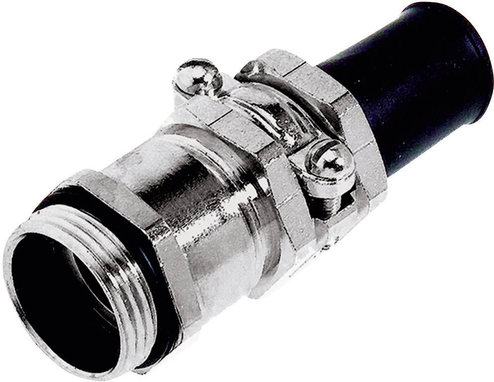 Metalowy łącznik rurowy z sześciokątną nakrętką i czarnym zakończeniem z tworzywa sztucznego. Odpowiedni do zastosowań przemysłowych.