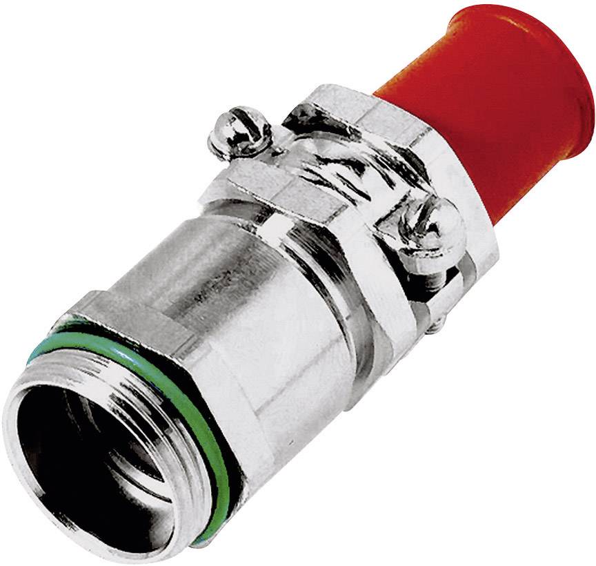 Metalowy wtyk F z czerwonym plastikowyn zakończeniem i zielonym pierścieniem uszczelniającym, odpowiedni do połączeń kablowych, anten lub instalacji satelitarnych.