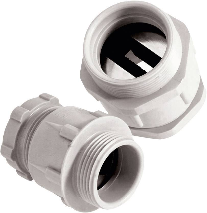 Dwa szare plastikowe zaślepki śrubowe, które prawdopodobnie służą do połączeń kablowych lub rurowych.