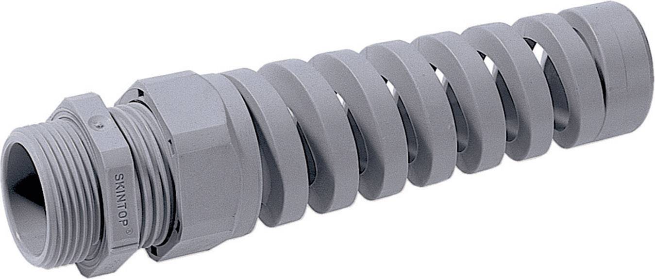 Szara, spiralna złączka kablowa z tworzywa sztucznego, z napisem 'SKINTOP' z boku. Stosowana do zabezpieczania kabli.