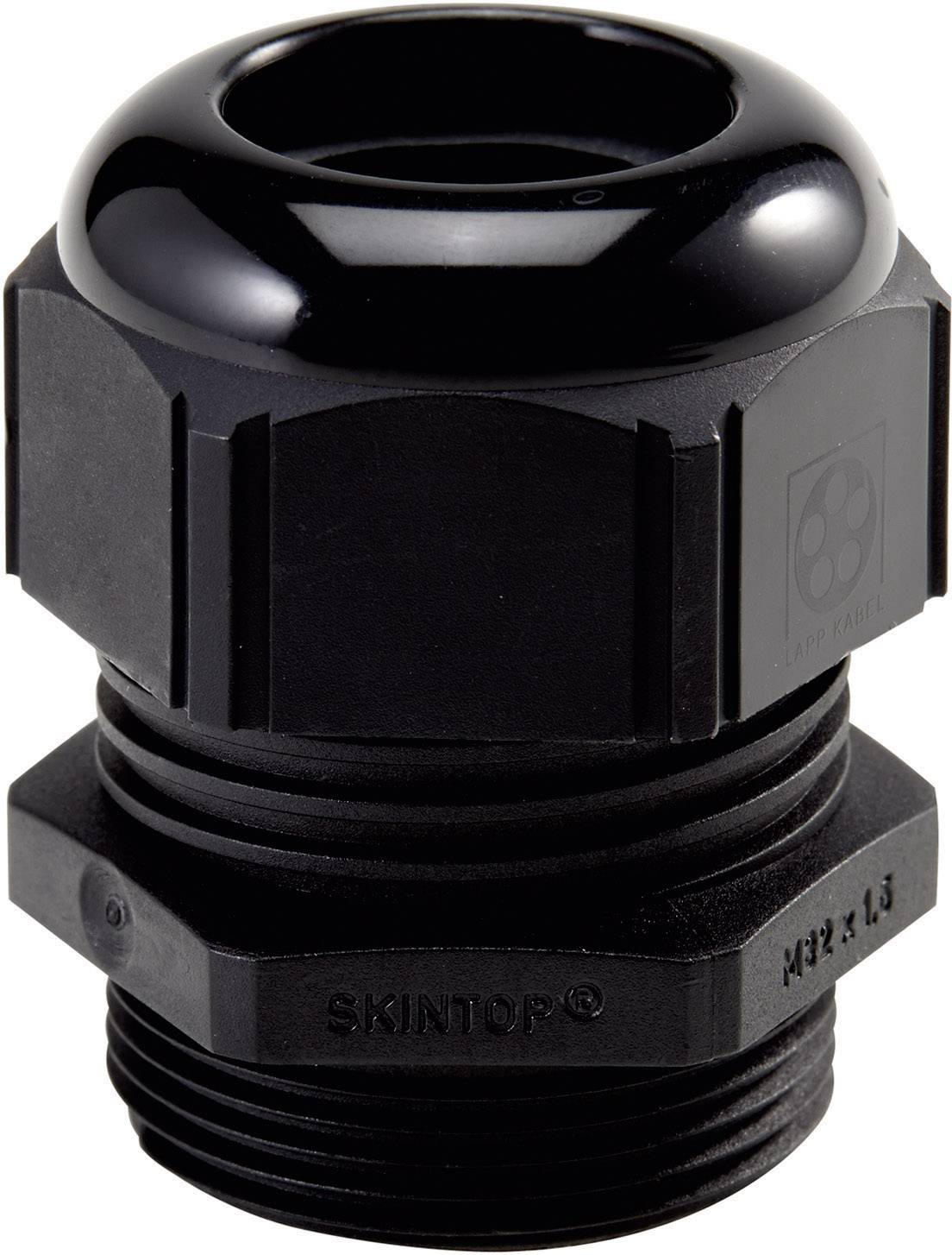 Czarna dławnica kablowa, oznaczona napisem 'SKINTOP', przeznaczona do pewnego mocowania przewodów elektrycznych, wyposażona w gwint.
