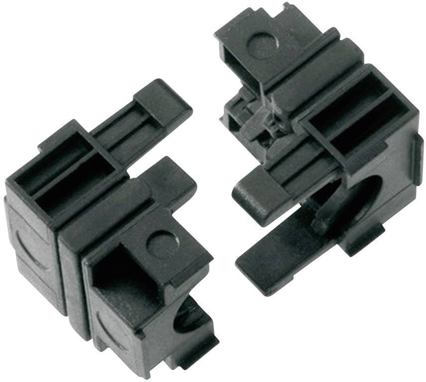 Dwa czarne, prostokątne elementy plastikowe o równomiernych krawędziach z złączem wtykowym, prawdopodobnie stanowiące część większego systemu mechanicznego.