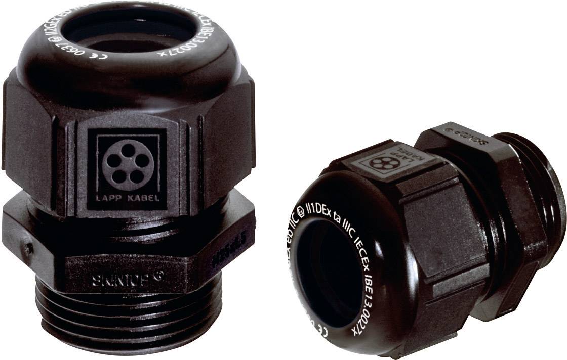 'Dwie czarne dławnice kablowe z logo LAPP, jedna przedstawiająca przednią stronę z wzorem otworów, druga stronę z oznaczeniami.'