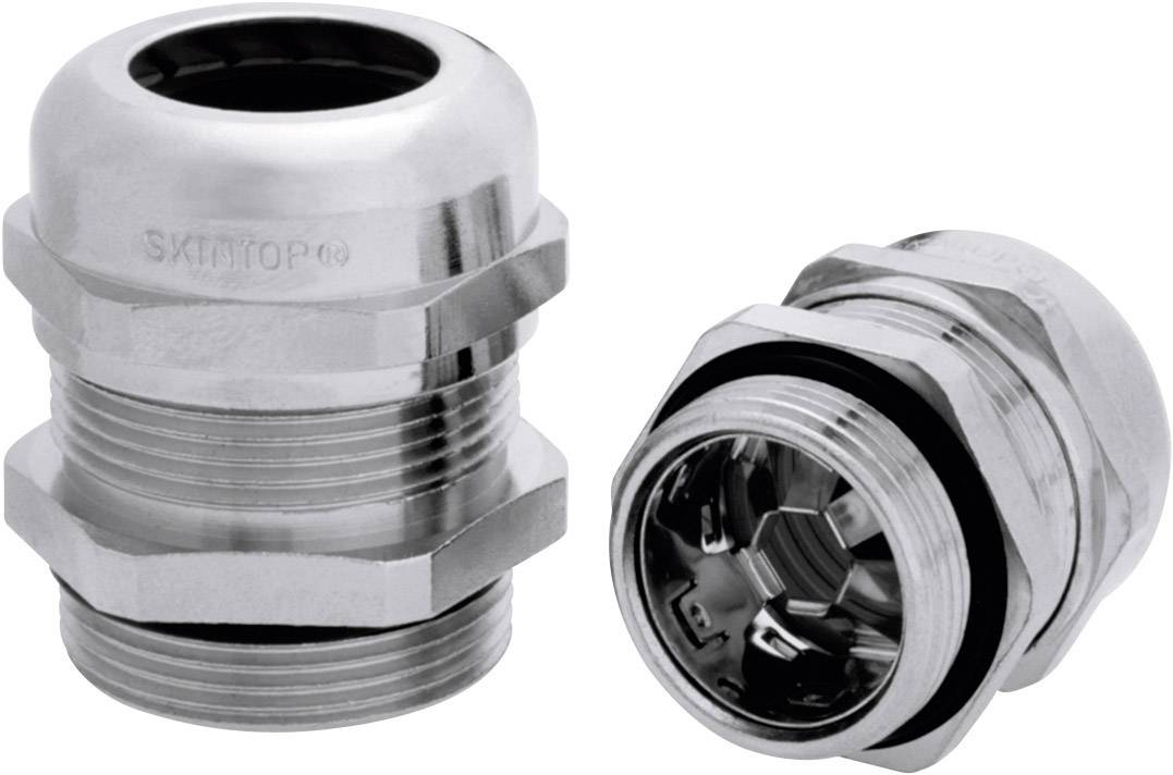 Dwa metalowe złącza kablowe ze stali nierdzewnej przeznaczone do zastosowań przemysłowych, prezentujące widok wewnętrzny i zewnętrzny konstrukcji.