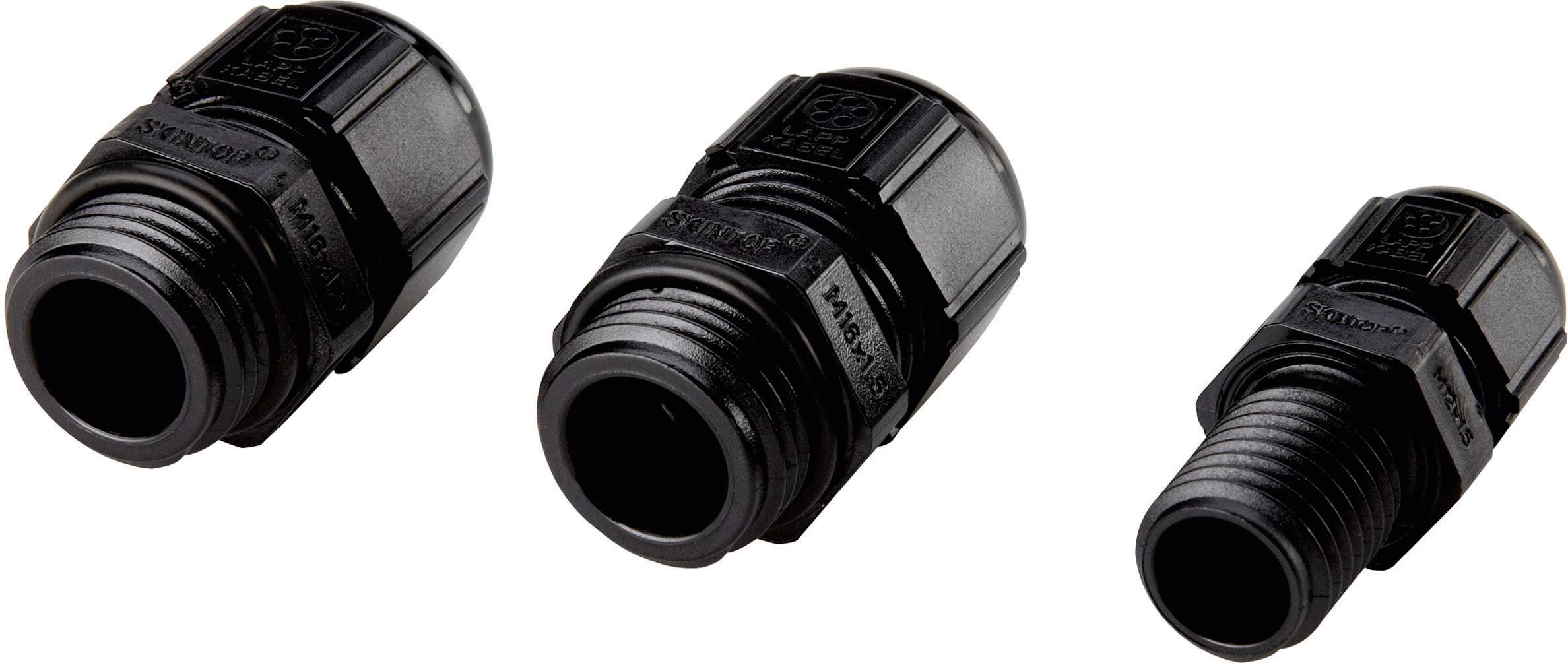 Trzy czarne dławnice kablowe o różnych rozmiarach, stosowane do bezpiecznego uszczelnienia przewodów w obudowach elektrycznych.