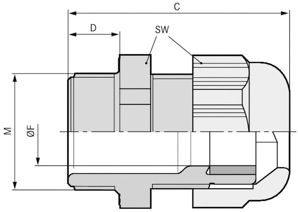 Rysunek techniczny złącza hydraulicznego; elementy są oznaczone wymiarami C, D, M oraz ØF, a także rozmiarem klucza SW.