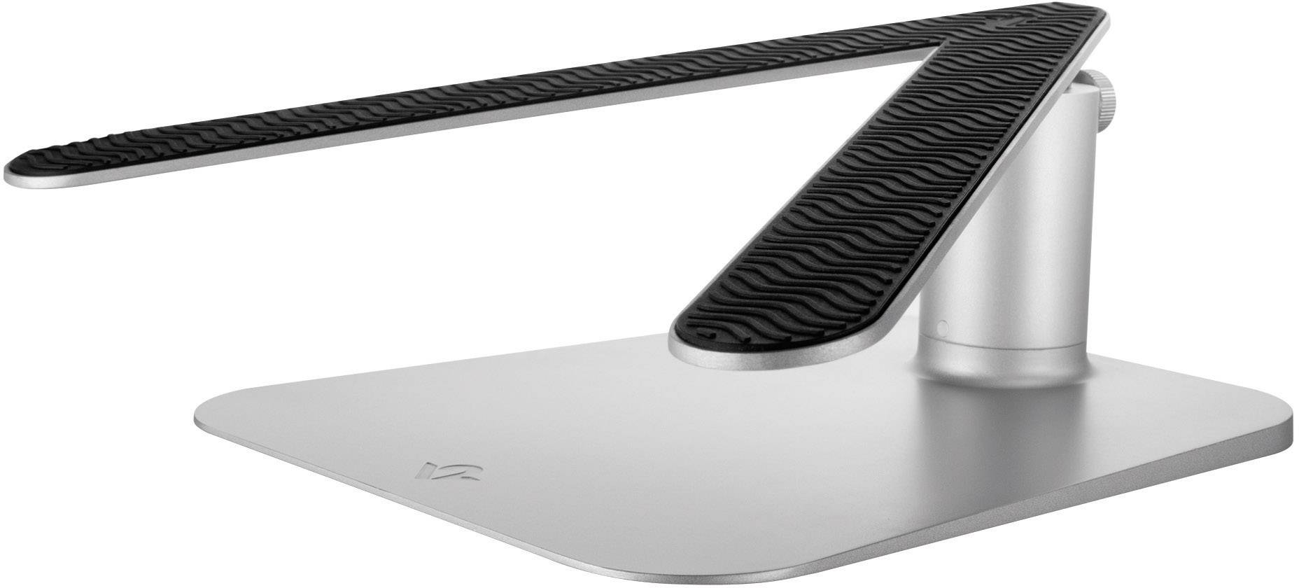 Ergonomiczny stojak na laptopa wykonany z aluminium, z czarną gumową nakładką zapewniającą antypoślizgowe podparcie, o nowoczesnym i minimalistycznym designie.