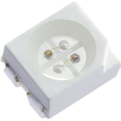 Prostokątny chip LED w białej obudowie z dwoma małymi elementami elektronicznymi wewnątrz, prawdopodobnie typu SMD.