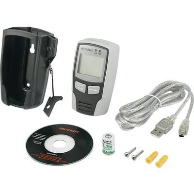 Zestaw rejestratora danych z mocowaniem ściennym, płytą CD z oprogramowaniem, kablem USB, baterią, śrubami i kołkami do monitorowania temperatury.