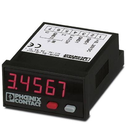 Wyświetlacz cyfrowy firmy Phoenix Contact z czerwonym wyświetlaczem liczb '3.4567', dwoma przyciskami i tabelą produktową na górnej części urządzenia.