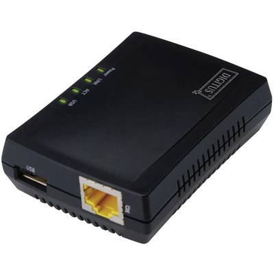Czarny adapter sieciowy z czterema wskaźnikami świetlnymi na górze, złączem USB i żółtym portem Ethernet z boku.