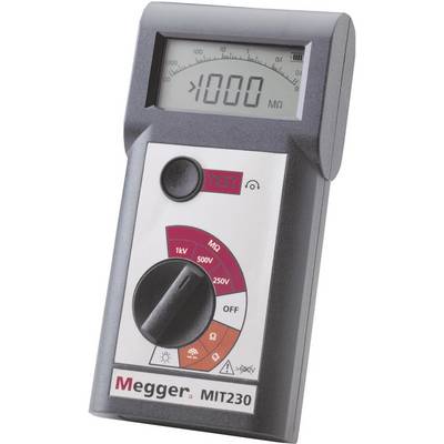 Cyfrowy miernik izolacji 'Megger MIT230' z przełącznikiem obrotowym do napięć od 250V do 1000V z wyświetlaczem wskazującym wartości w megaomach.