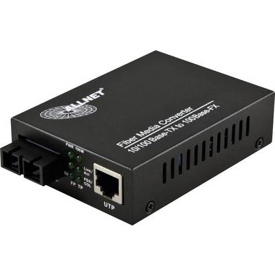 Konwerter mediów światłowodowych firmy ALLNET, czarne, prostokątne urządzenie z portami do podłączenia światłowodu i sieci Ethernet.