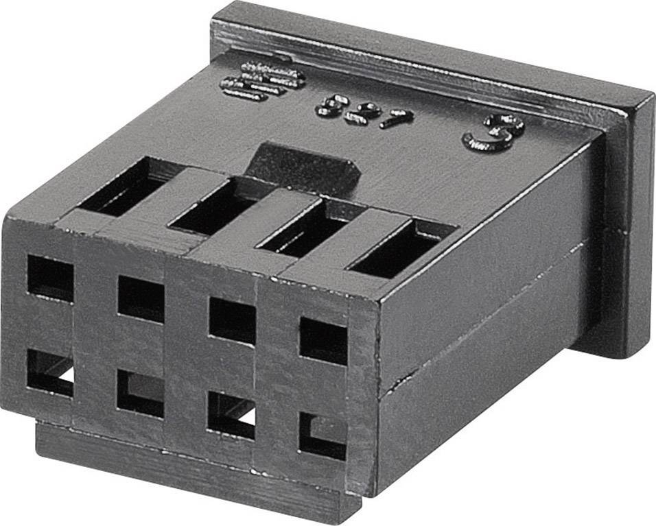 Czarny wtyk plastikowy z siedmioma prostokątnymi stykami, stosowany do połączeń elektrycznych.