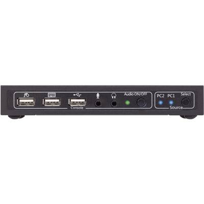 Przednia strona przełącznika KVM z dwoma portami USB, wejściem mikrofonowym, gniazdem słuchawkowym oraz przyciskami wyboru PC1 i PC2.