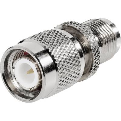 Metalowy adapter o wyprofilowanej powierzchni, używany do łączenia przewodów, prawdopodobnie w branży telekomunikacyjnej.