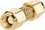 Złoty adapter koaksjalny z dwoma zakręcanymi końcówkami, używany do łączenia kabli koncentrycznych.