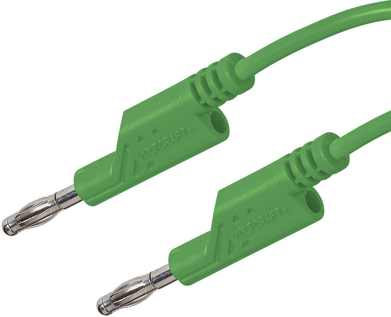 Dwa zielone przewody bananowe z metalowymi wtyczkami, ułożone równolegle, do połączeń elektrycznych.