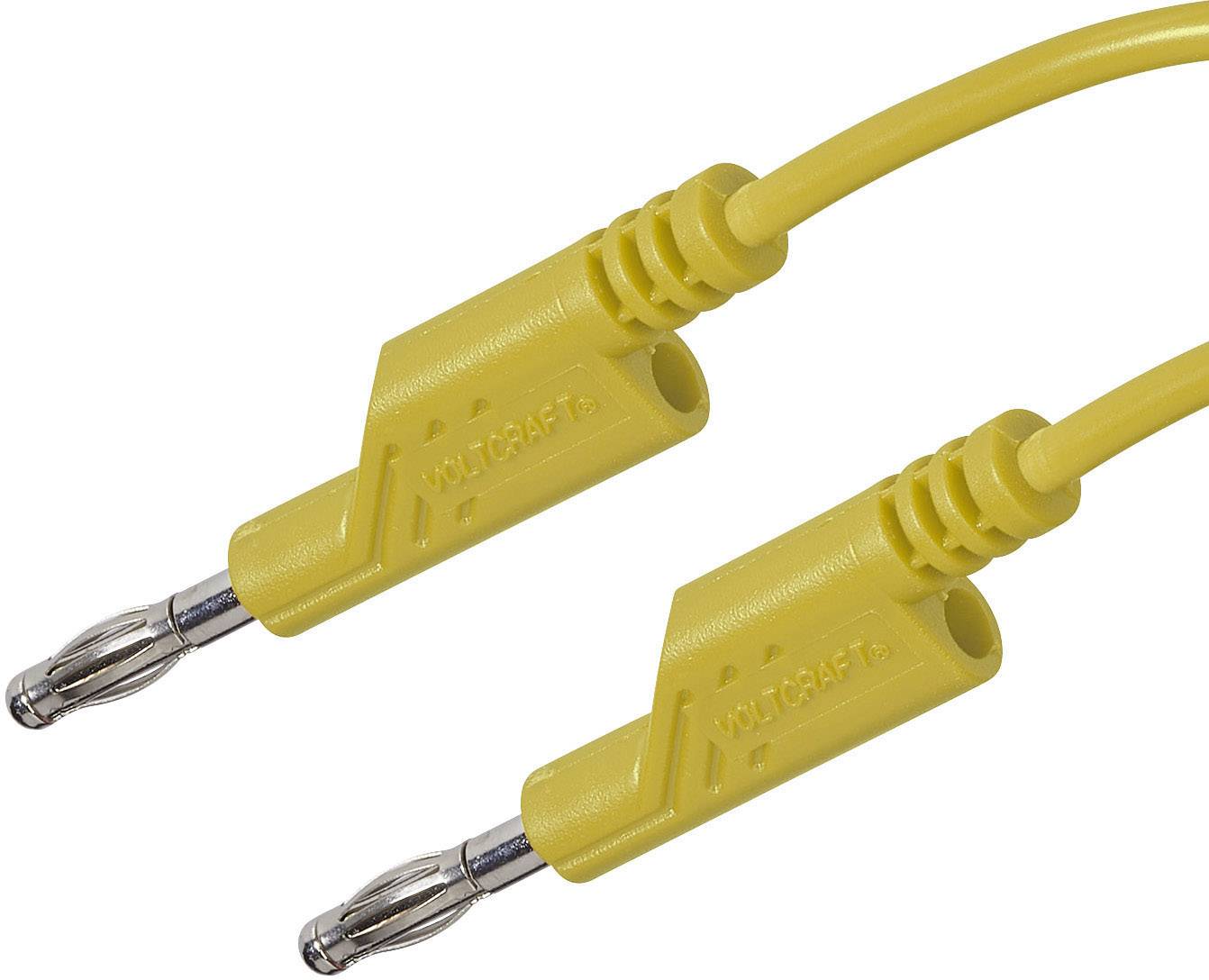 Dwa żółte kable z wtyczkami bananowymi marki VOLTCRAFT®. Odpowiednie do połączeń elektronicznych.