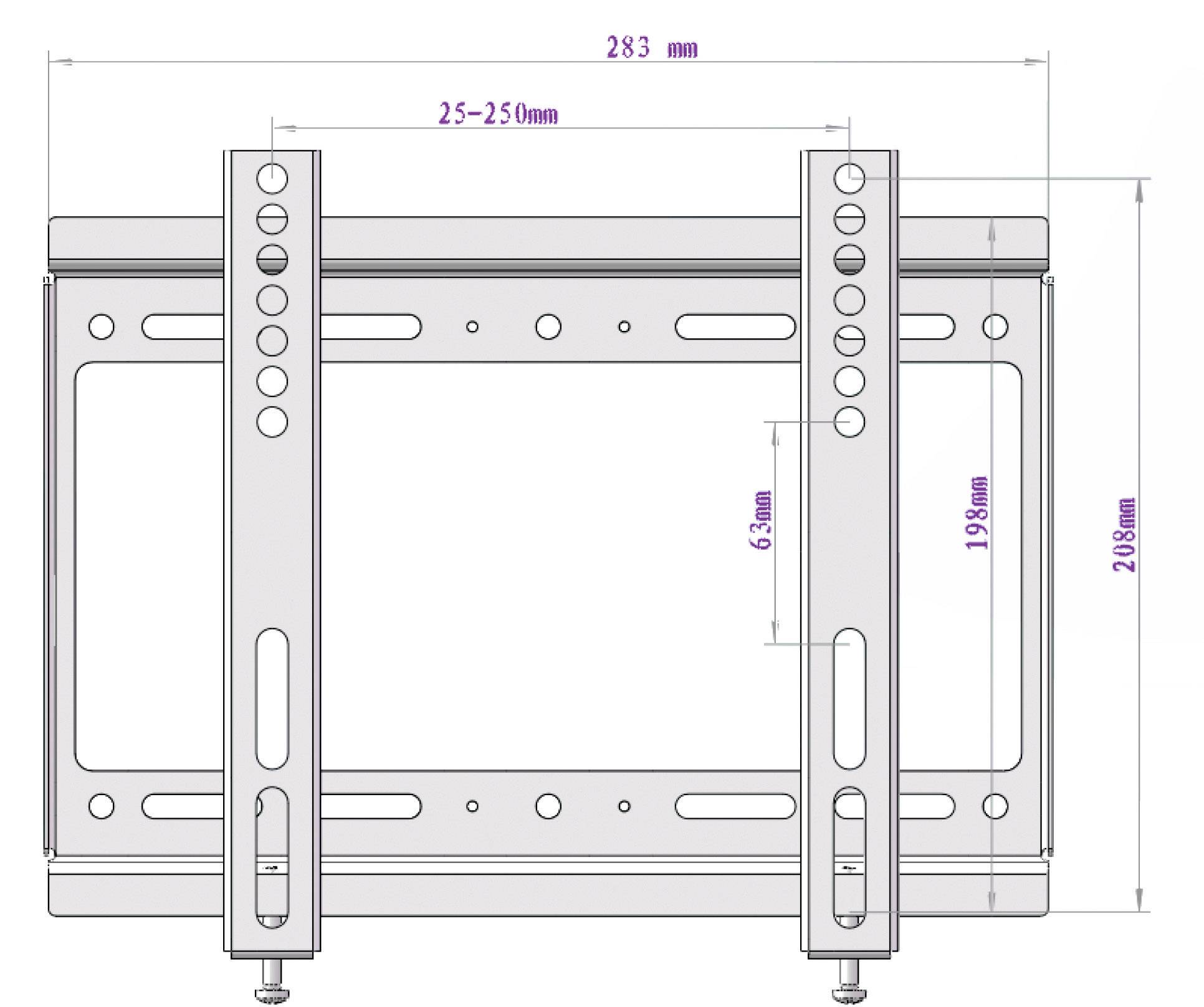 Rysunek techniczny uchwytu ściennego z wymiarami: szerokość 283 mm, regulowana długość 288 mm. Szyna o regulowanej wysokości 63 mm.