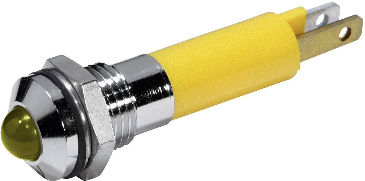 Żółty przycisk elektromagnetyczny z metalową obudową, przeznaczony do zastosowań elektronicznych, przedstawia styki montażowe.