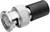 Adapter BNC z metalową, żebrowaną obudową i plastikowym zakończeniem, stosowany do łączenia kabli koncentrycznych w urządzeniach wideo i sieciowych.