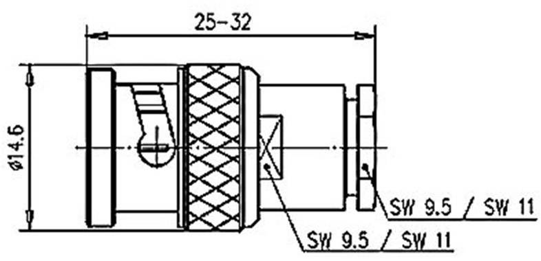 Rysunek techniczny elementu cylindrycznego z karbowaniem o długości 25-32 mm, średnicy 14,6 mm. Rozstaw płaszczyzn równoległych (klucz) 9,5/11.