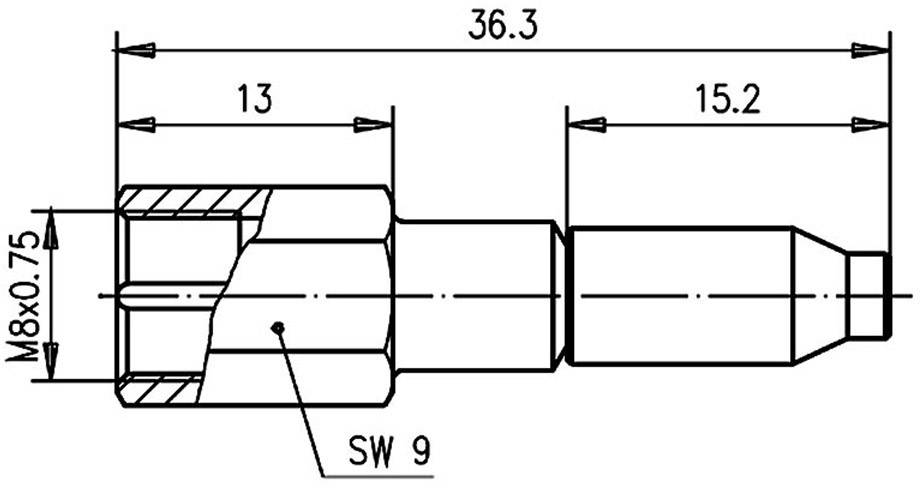 Rysunek techniczny elementu z wymiarami: długość całkowita 36,3 mm, części 13 mm i 15,2 mm. Gwint M8x0,75, szerokość klucza SW 9.