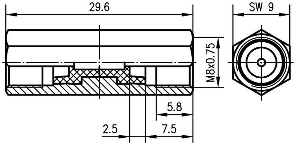 Rysunek techniczny cylindrycznego obiektu z wymiarami w milimetrach: długość 29,6, wysokość 9,8, gwint M8x0,75, oraz przekrój boczny.