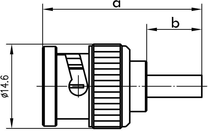 Rysunek techniczny wtyczki z wymiarami. Średnica wynosi 14,6 mm. Długości a i b są również oznaczone.