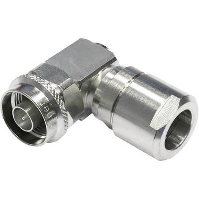 Srebrny metalowy adapter pod kątem 90 stopni z dwoma różnymi rodzajami złączy, odpowiedni do połączeń kablowych.
