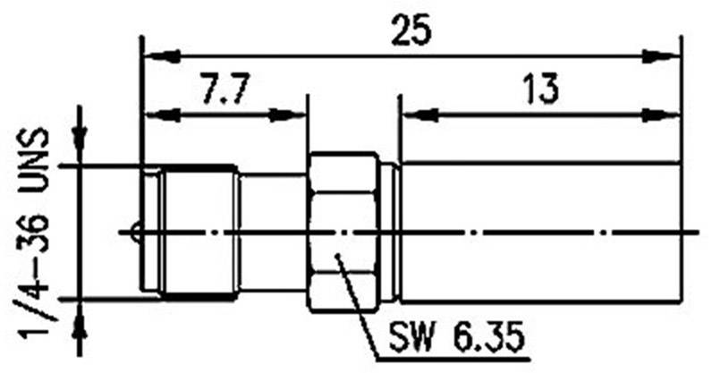Rysunek techniczny połączenia gwintowego o następujących parametrach: długość 25 mm, odcinki 7,7 mm i 13 mm, gwint 1/4-36 UNS, szerokość klucza 6,35 mm.