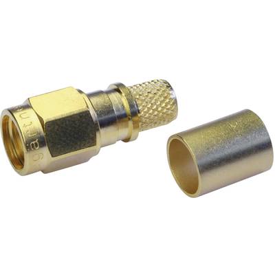 Dwa pozłacane złącza HF, jedno z siateczkową strukturą dla lepszego uchwytu, oraz cylindryczny adapter obok, na białym tle.