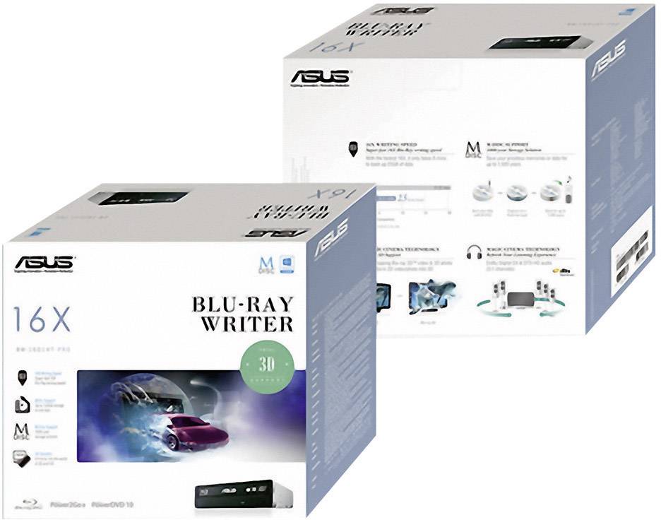 Dwie opakowania nagrywarek Blu-ray ASUS: Na przedniej stronie widać zdjęcie produktu i główne funkcje; na tylnej stronie znajdują się szczegóły techniczne i symbole.